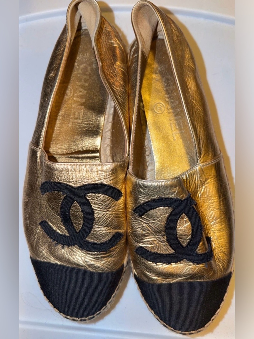 CHANEL Gold Leather Espadrilles with Black Cap Toe and Logo